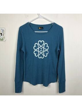 NEW Life Is Good Blue Heart Print Waffle Thermal Shirt Women's Size Small